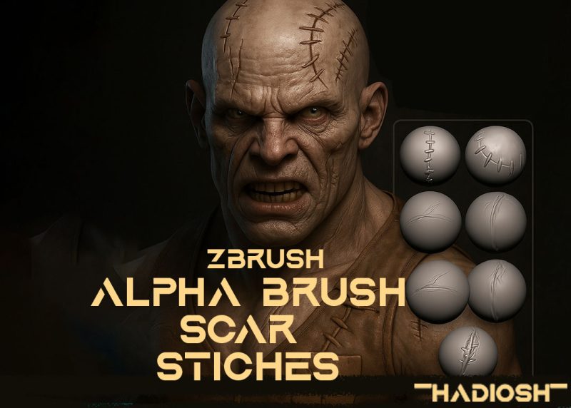 ZBrush Scar & Stitch Alpha Brush Pack –Stylized Skin Detailing